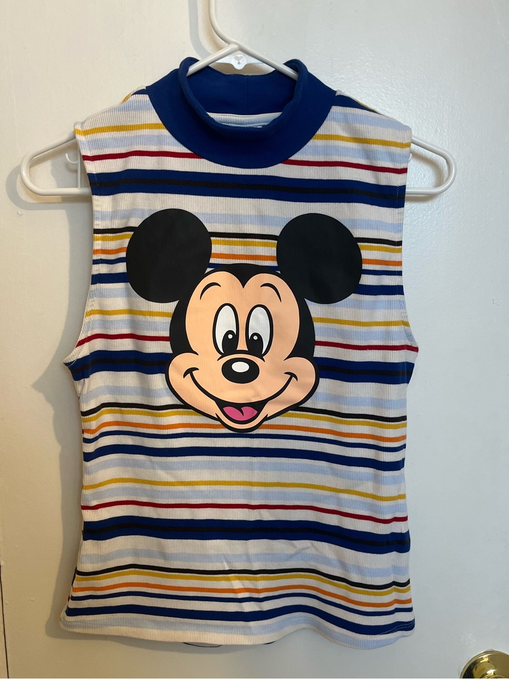 Women’s Sleeveless Stripe Top with Mickey Graphic - Blue/White/Red/Yellow